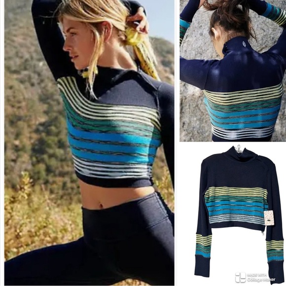 NWT Free People Movement Mountain Momma Striped Cropped Long Sleeve Top - Picture 1 of 10